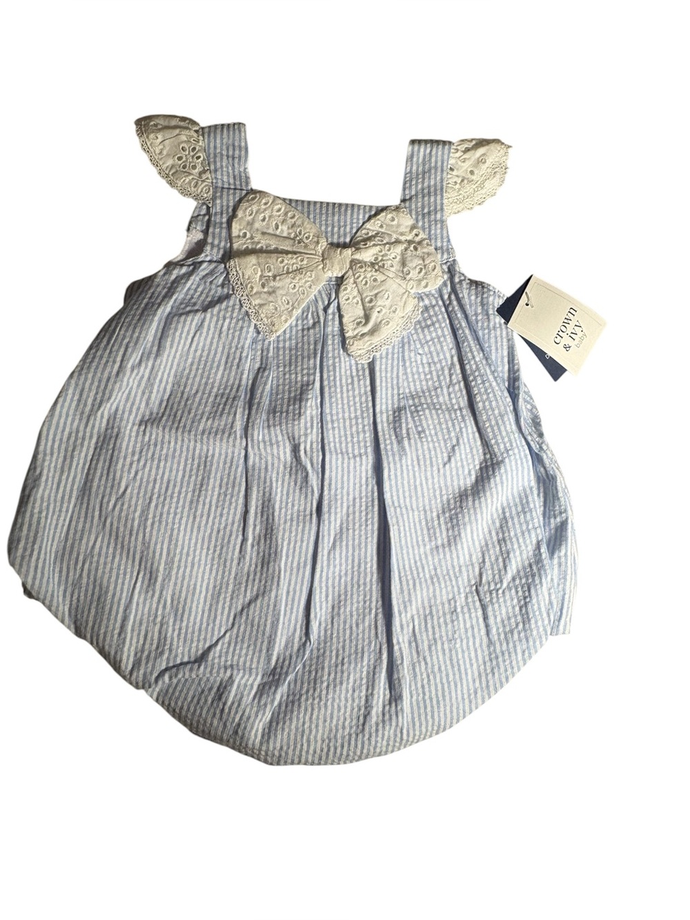 crown & ivy Blue and White Striped Baby Dress with Bow Size 9m